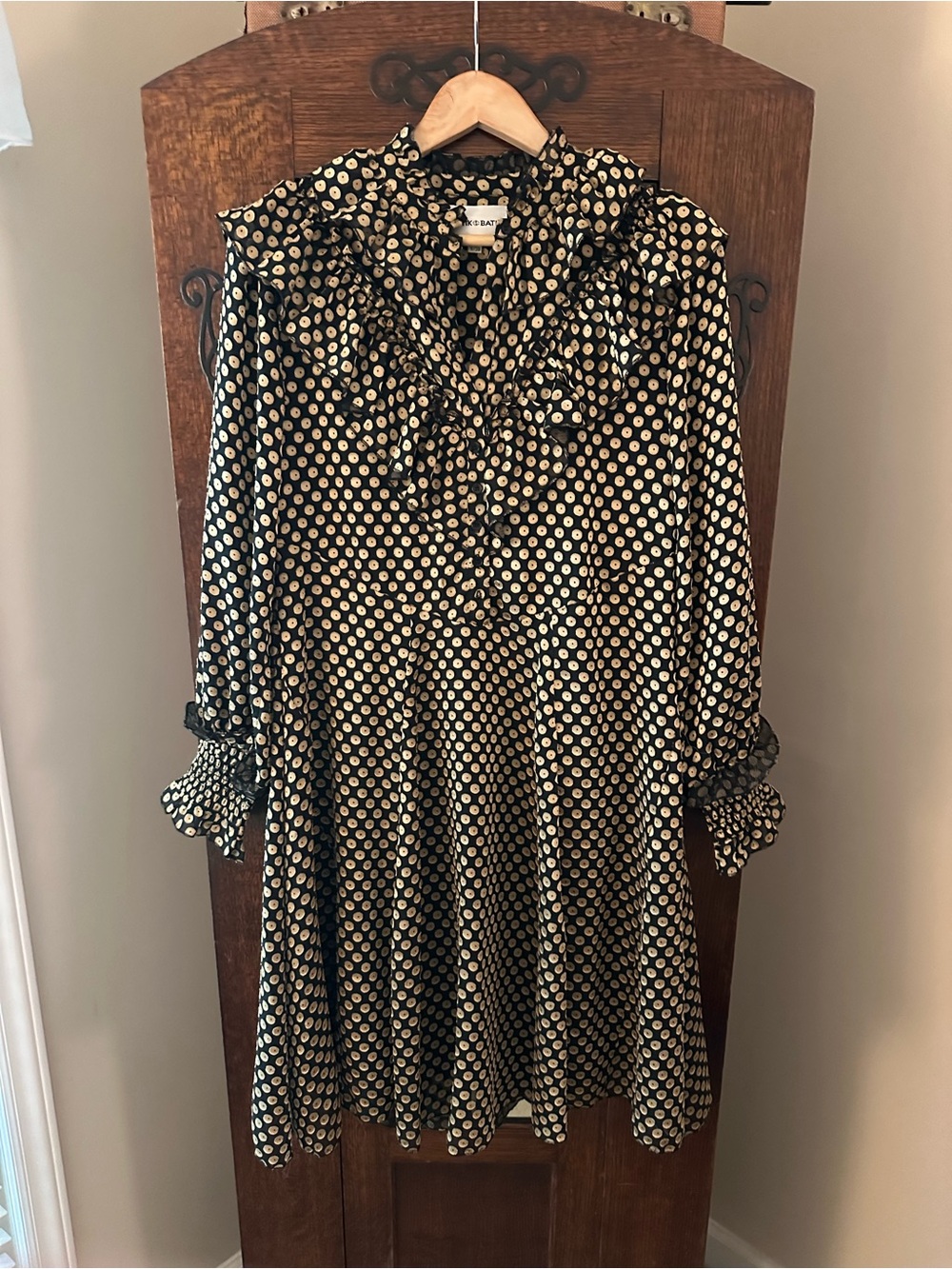 Antik Batik Gorgeous Doty Black and Gold Polka Dot Ruffle Dress Size Small 38